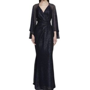 Talbot Runhof Metallic Crinkle Voile Long Sleeve Blue Evening Gown Dress